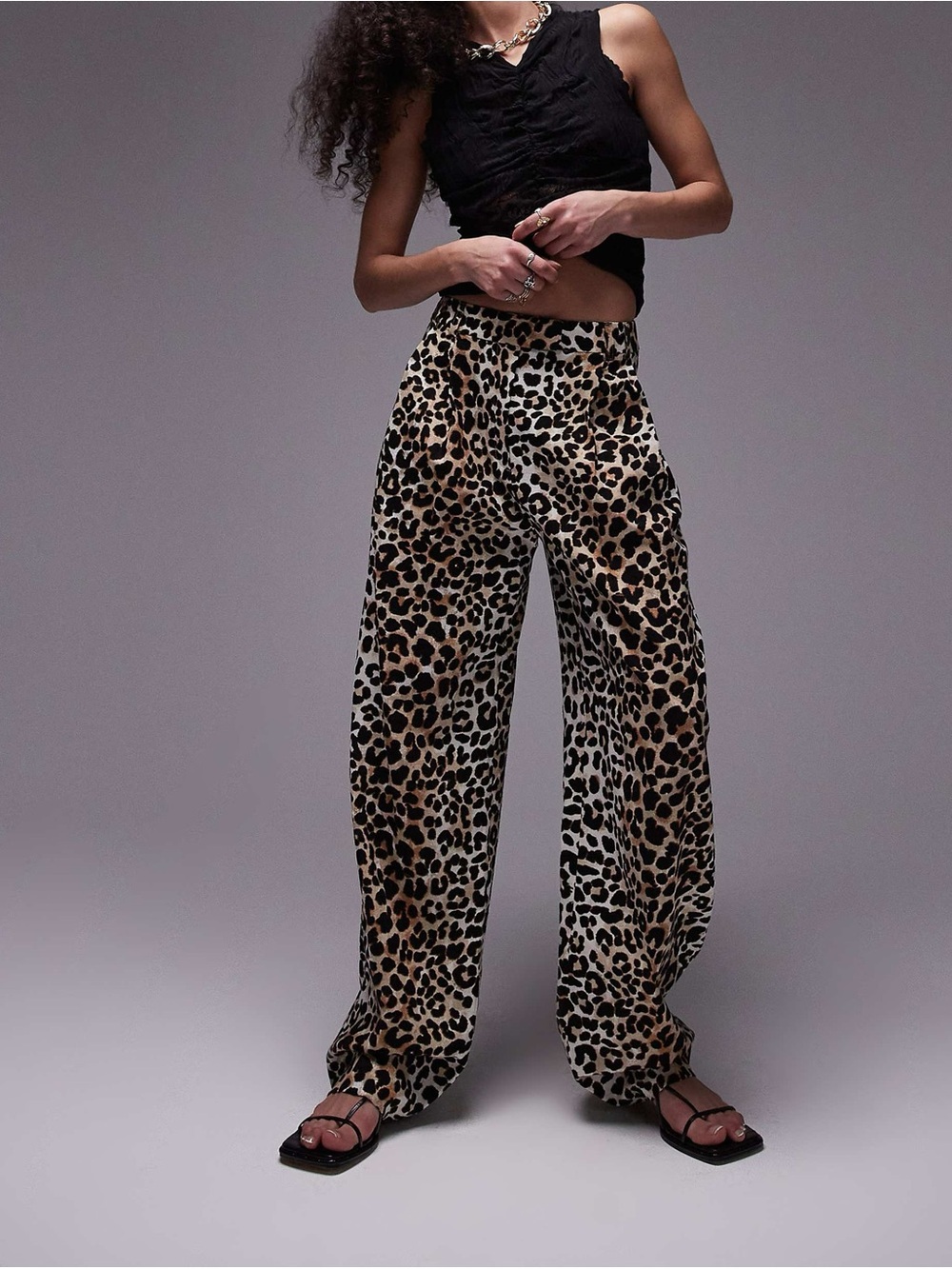 Topshop Leopard Print Wide-Leg Pants in Beige and Black